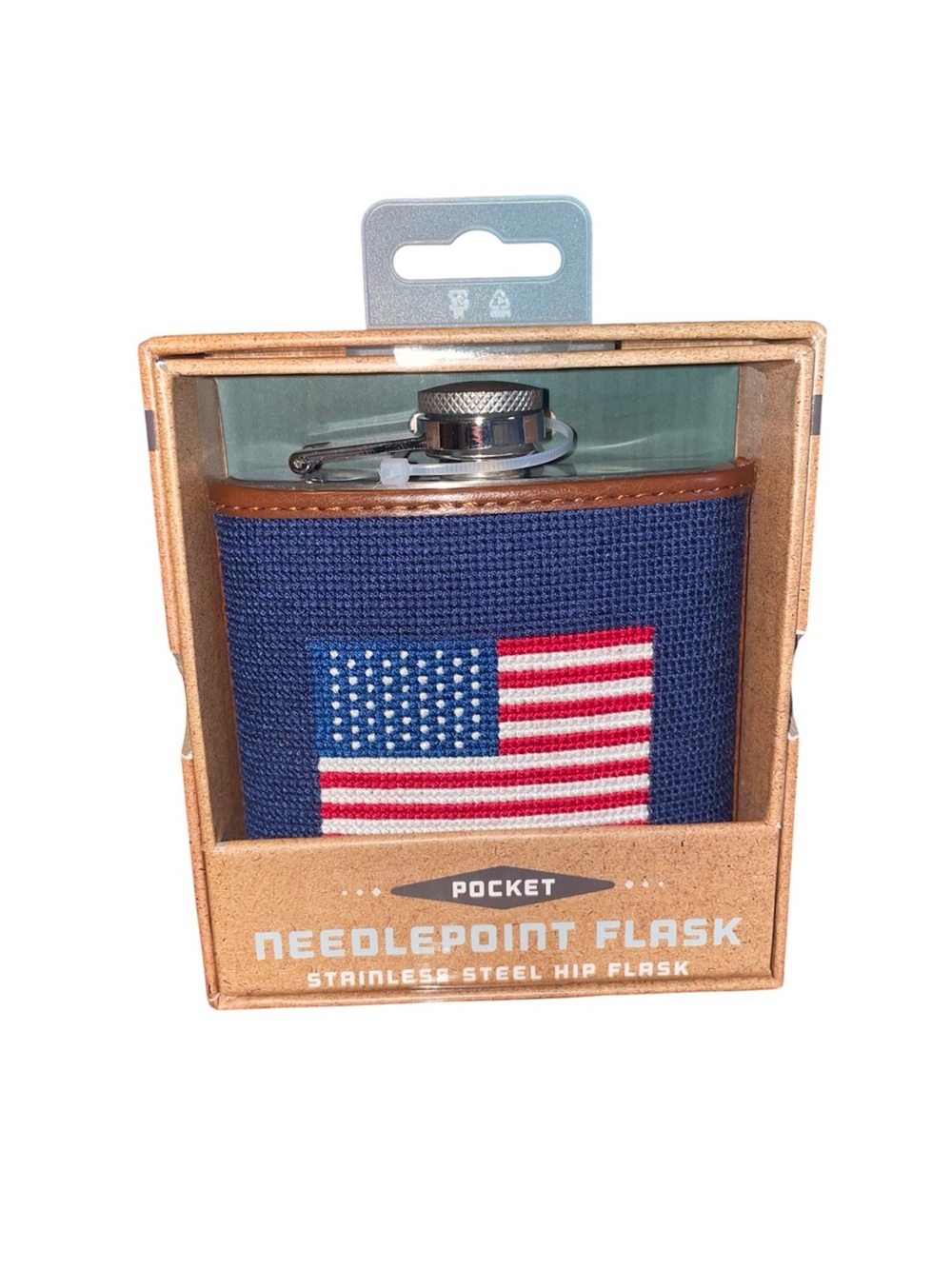 Needlepoint American Flag Stainless Steel Flask by The Craftsman Company NIB